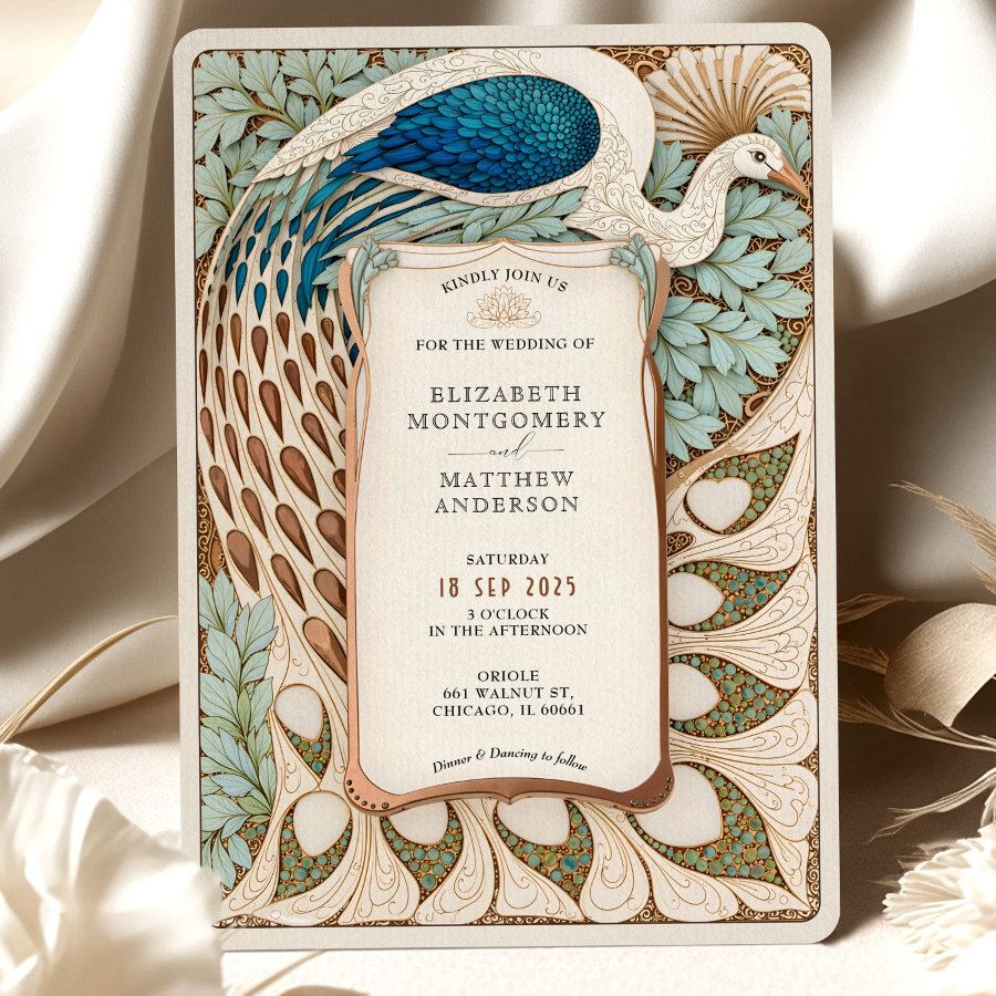 Elegant Art Nouveau Peacock Wedding Invitation