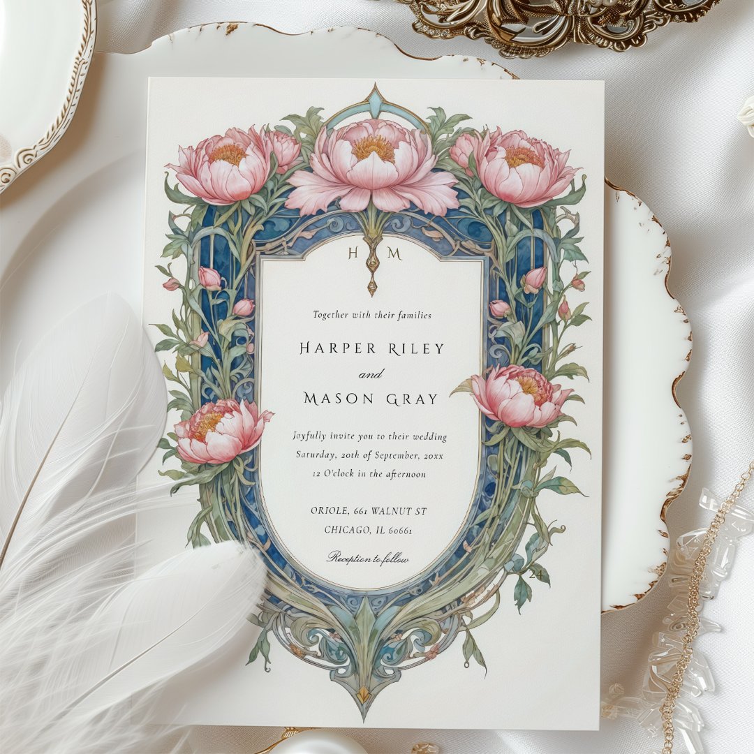 Elegant Art Nouveau Peonies Wedding Invitation