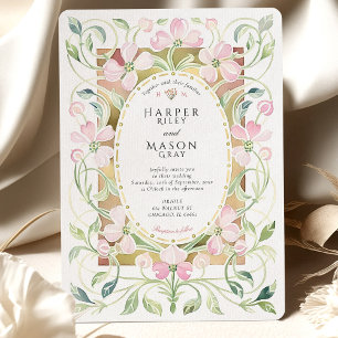 Elegant Art Nouveau Pink Floral Gold Frame Wedding Invitation