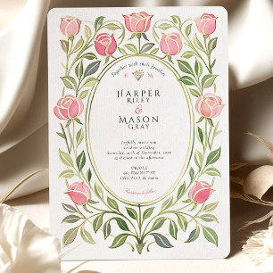 Elegant Art Nouveau Pink Rose Floral Wedding Invitation