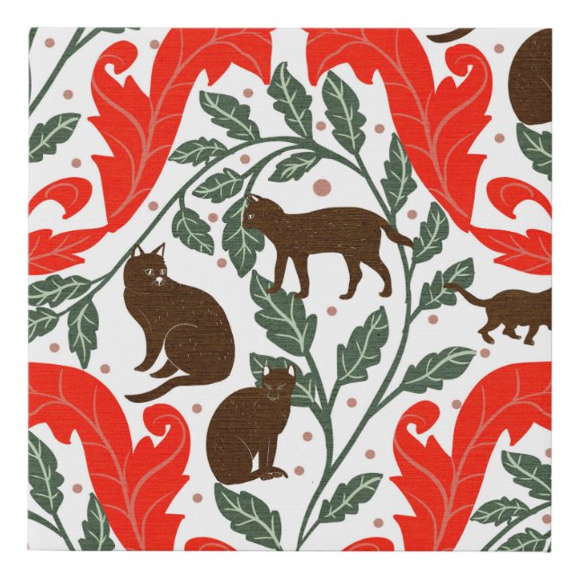 Elegant Art Nouveau Red Brown-Black Cat- Faux Canvas Print (Front)