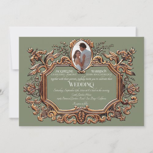 Elegant Art Nouveau Rococo Gold Sage Photo Wedding Invitation