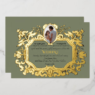 Elegant Art Nouveau Rococo Photo Sage Wedding Foil Invitation