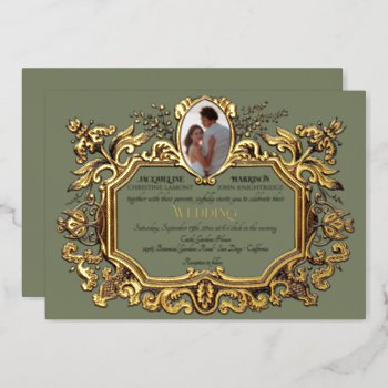 Elegant Art Nouveau Rococo Photo Sage Wedding Foil Invitation by VintageWeddings at Zazzle