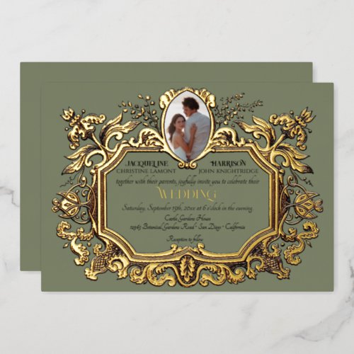 Elegant Art Nouveau Rococo Photo Sage Wedding Foil Invitation