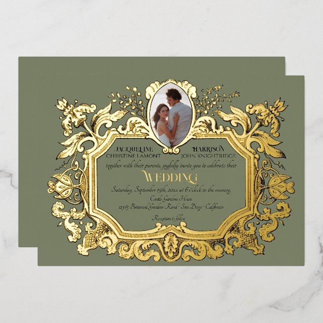 Elegant Art Nouveau Rococo Photo Sage Wedding Foil Invitation (Front/Back)