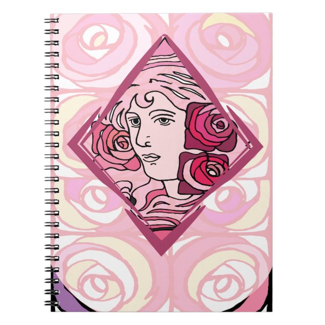 Elegant Art Nouveau Rose Woman Notebook (Front)