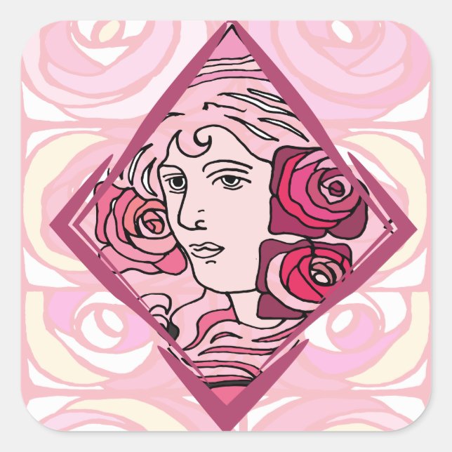 Elegant Art Nouveau Rose Woman Square Sticker (Front)