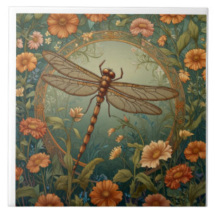 Elegant Art Nouveau Spring green Dragonfly Ceramic Tile