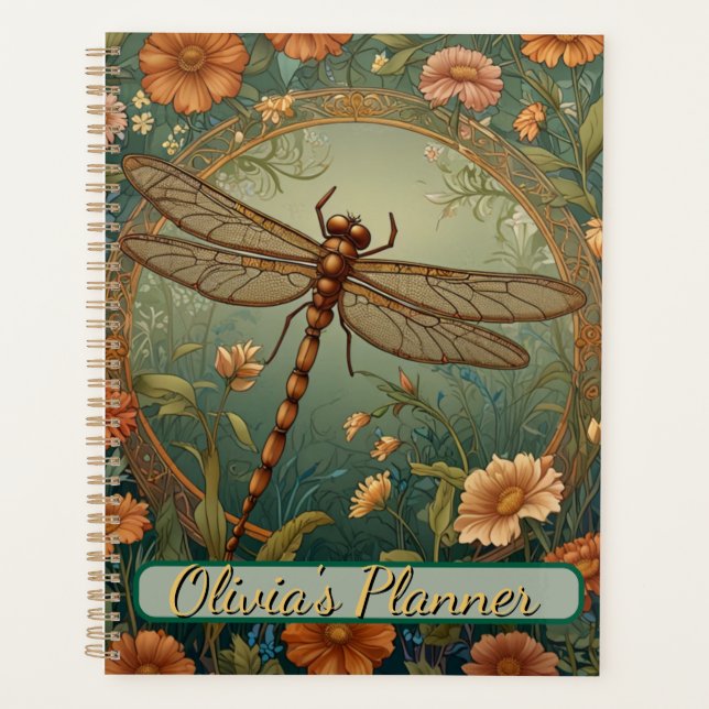 Elegant Art Nouveau Spring green Dragonfly Planner (Front)