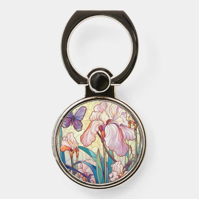 Elegant Art Nouveau Stained Glass Iris Butterfly  Phone Ring Stand (Front)