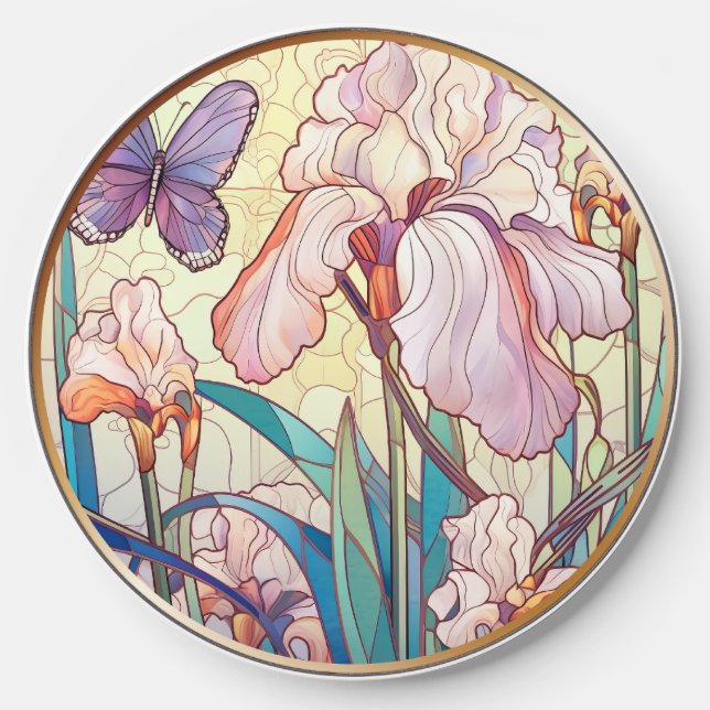 Elegant Art Nouveau Stained Glass Iris Butterfly  Wireless Charger (Front)