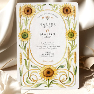 Elegant Art Nouveau Sunflower & Wheat Gold Wedding Invitation