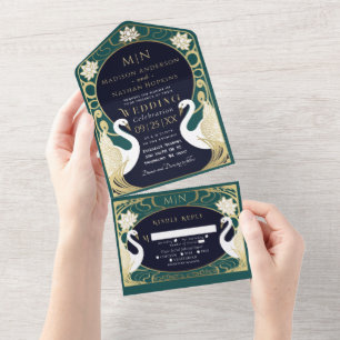 Elegant Art Nouveau Swans Wedding All In One Invitation