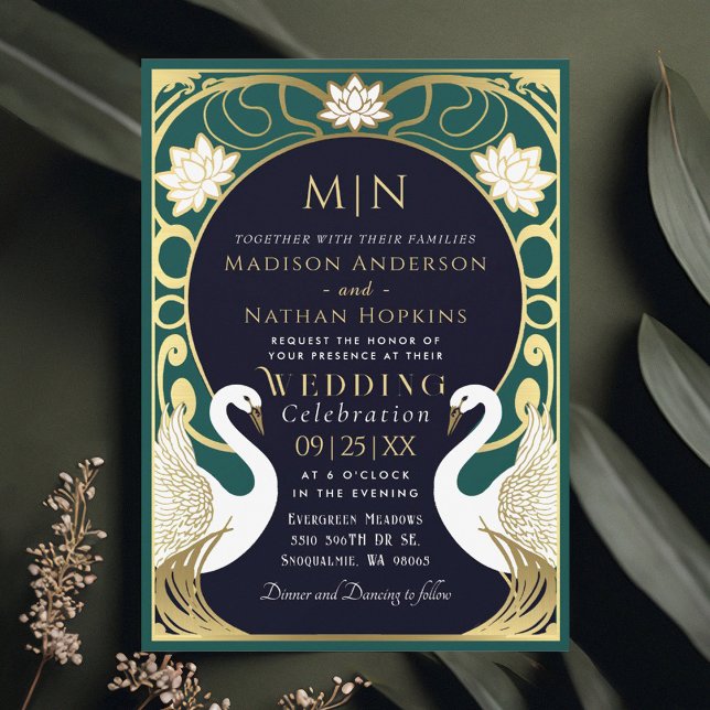 Elegant Art Nouveau Swans Wedding Invitation (Creator Uploaded)