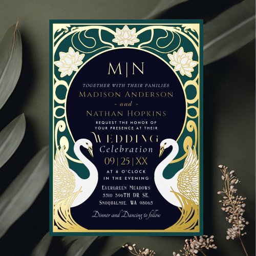 Elegant Art Nouveau Swans Wedding Invitation Foil Invitation