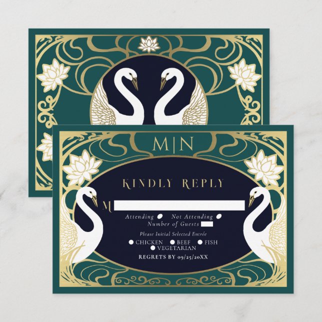 Elegant Art Nouveau Swans Wedding RSVP Enclosure Card (Front/Back)