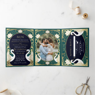 Elegant Art Nouveau Swans Wedding Tri-Fold Invitation