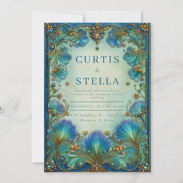 Elegant Art Nouveau Teal Floral Antique Wedding Invitation (Front)
