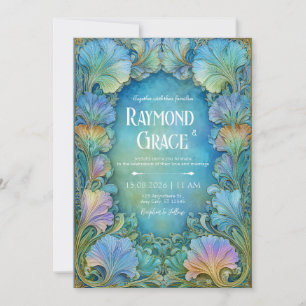 Elegant Art Nouveau Teal Mosaic Floral Wedding Invitation