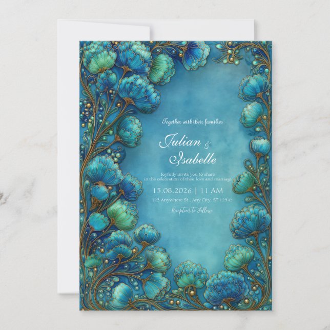Elegant Art Nouveau Teal Scalloped Floral Wedding Invitation (Front)