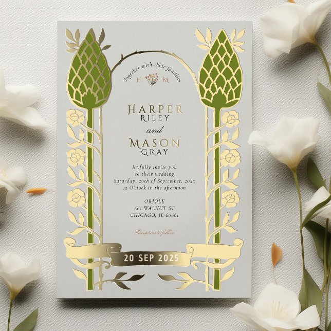Elegant Art Nouveau Thistle Gold Foil Wedding Foil Invitation (Creator Uploaded)