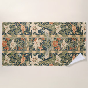 Elegant Art Nouveau Vintage Botanical Bird  Lily Beach Towel