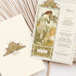 Elegant Art Nouveau Wedding Dinner Menu Mucha Invitation<br><div class="desc">This elegant wedding menu card showcases a stunning Art Nouveau design inspired by the works of Alphonse Mucha. Featuring an exquisite illustration of a graceful woman surrounded by intricate floral and nature-inspired details, this menu blends timeless beauty with romantic elegance. The front presents the wedding menu in refined typography, while...</div>