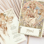 Elegant Art Nouveau Wedding Dinner Menu Mucha Invitation<br><div class="desc">This beautiful wedding dinner menu showcases an exquisite Art Nouveau design, featuring illustrations reminiscent of Alphonse Mucha's iconic style. The front of the menu highlights a serene woman surrounded by intricate patterns and floral motifs in soft, earthy tones of cream, muted gold, sage green, and delicate pastels. The vintage elegance...</div>
