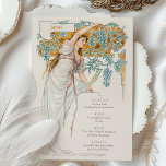 Elegant Art Nouveau Wedding Drinks Menu Card<br><div class="desc">Enhance your wedding celebration with this exquisite Art Nouveau-inspired drinks menu card. The front showcases a captivating illustration of a graceful woman in a flowing white gown adorned with delicate pink accents, set against a vibrant backdrop of golden-orange and green foliage. The detailed artwork, with its intricate botanical elements, evokes...</div>