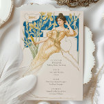 Elegant Art Nouveau Wedding Drinks Menu Card<br><div class="desc">Add a touch of vintage charm to your wedding with this beautifully designed Art Nouveau-inspired drinks menu card. The front side features a stunning illustration of a graceful lady in an ethereal golden-yellow gown, set against a backdrop of lush, floral motifs in shades of blue and green. The sophisticated menu...</div>