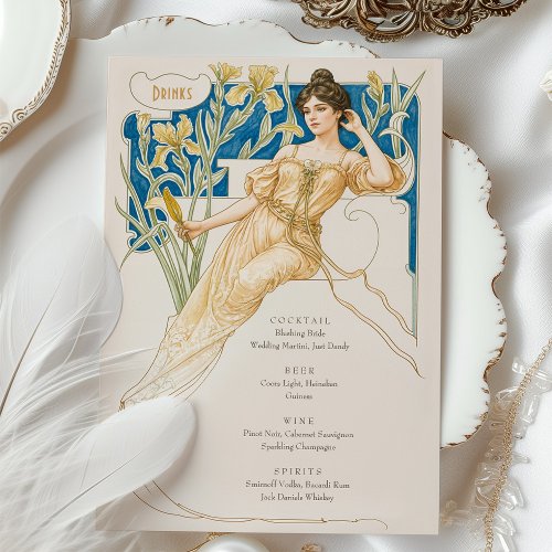 Elegant Art Nouveau Wedding Drinks Menu Card