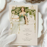 Elegant Art Nouveau Wedding Drinks Menu Card<br><div class="desc">Enhance the elegance of your wedding with this stunning Art Nouveau-inspired drinks menu card. The front features a captivating illustration of a regal woman in a flowing green gown, adorned with delicate floral elements and a golden crown, set against a rich green and gold backdrop. This detailed artwork exudes sophistication...</div>