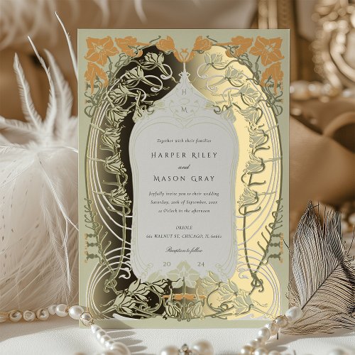 Elegant Art Nouveau Wedding Floral Design Foil Invitation