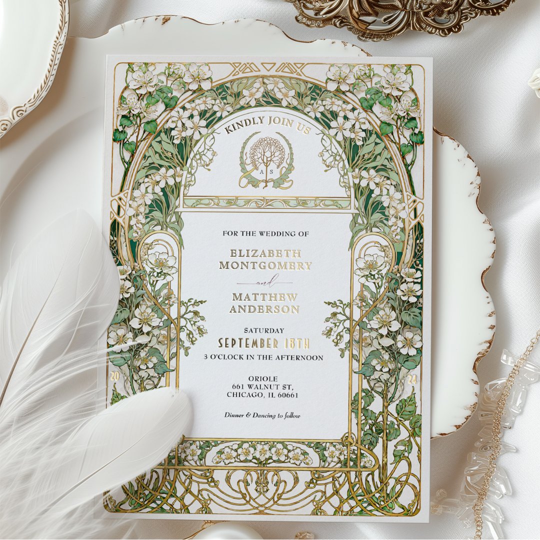 Elegant Art Nouveau Wedding Invitation Gold Foil                    Foil Invitation