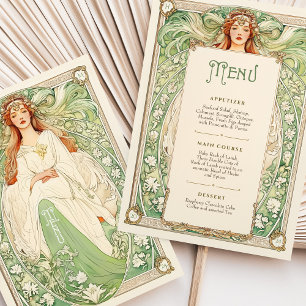 Elegant Art Nouveau Wedding Menu Card with Goddess