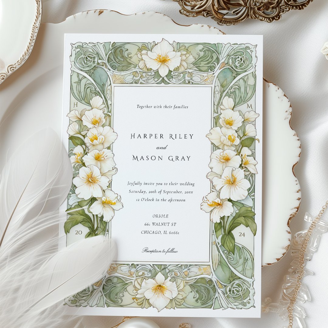 Elegant Art Nouveau White Orchid Wedding                    Invitation