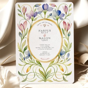 Elegant Art Nouveau Wildflower Gold Frame Wedding Invitation