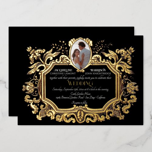 Elegant Art Nouveau Winter Black n Gold Wedding Foil Invitation