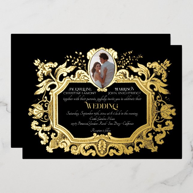 Elegant Art Nouveau Winter Black n Gold Wedding Foil Invitation (Front/Back)