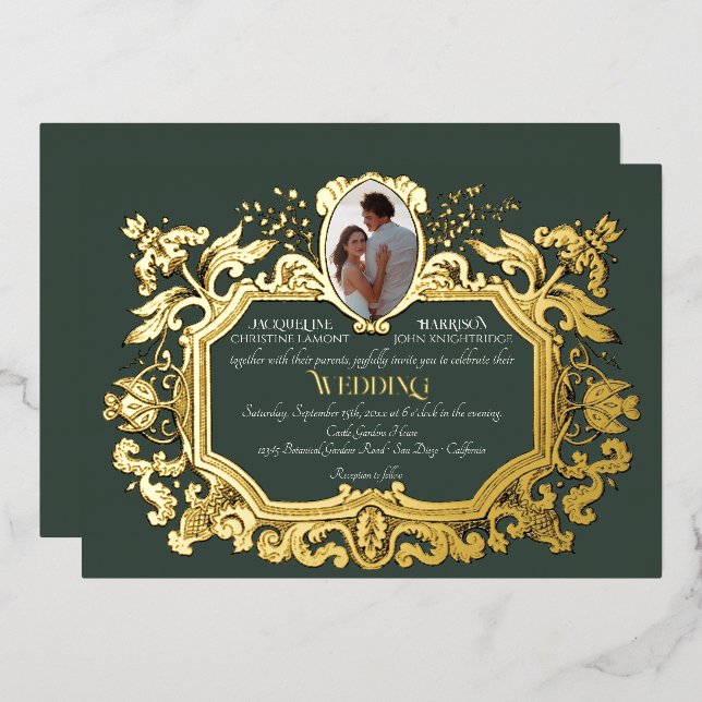 Elegant Art Nouveau Winter Forest n Gold Wedding Foil Invitation (Front/Back)