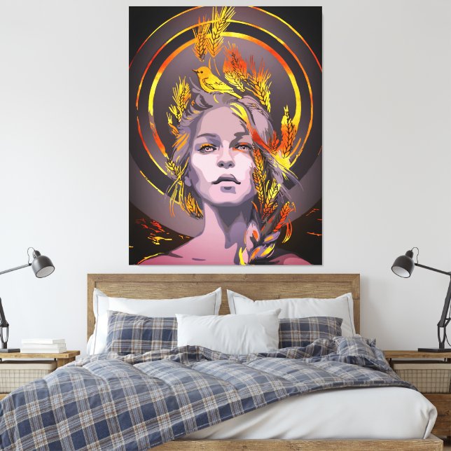 Elegant Art Print with Golden Wheat and Bird (Insitu(Bedroom))
