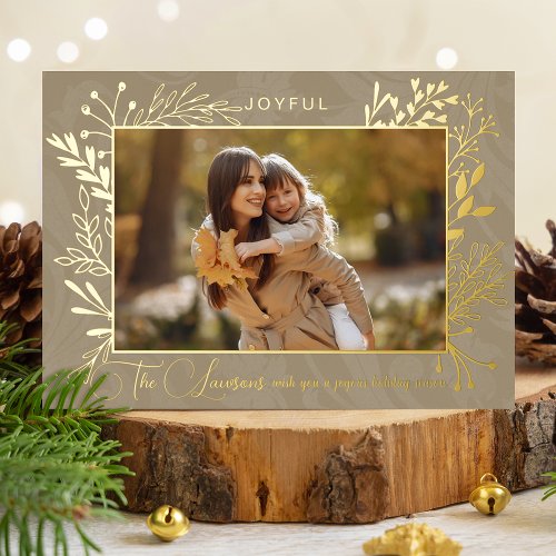 Elegant Artisan Gold Leaves Photo Foil Holiday Card