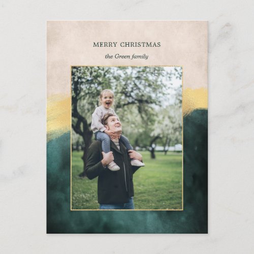 Elegant Artisan Green wGold Brush Stroke Photo Holiday Postcard