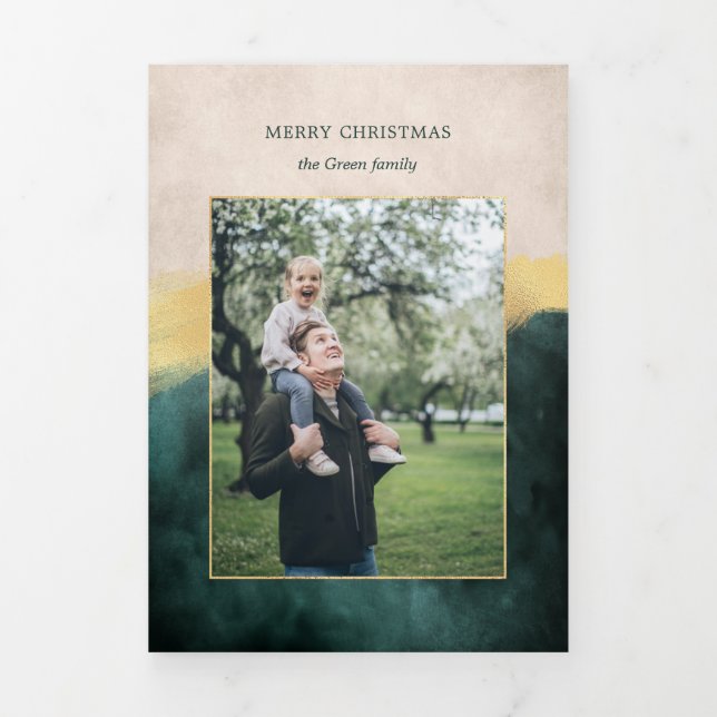 Elegant Artisan Green w/Gold Brush Stroke Photo Tri-Fold Card (Cover)