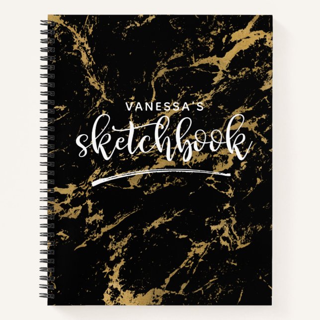 Elegant Artist Sketchbook Your Name Black Marble  Notebook (Front)