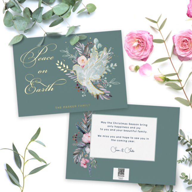 Elegant Artistic Floral Peace on Earth Dove Foil Holiday Card (Creator Uploaded)