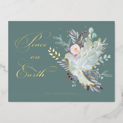 Elegant Artistic Floral Peace on Earth Dove Foil Holiday Postcard
