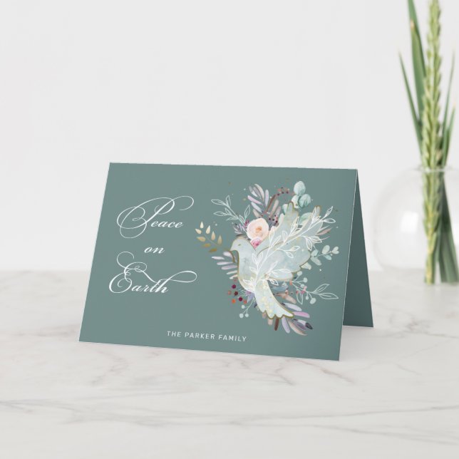 Elegant Artistic Floral Peace on Earth Dove Holiday Card (Front)