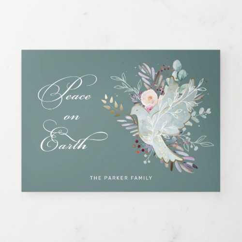 Elegant Artistic Floral Peace on Earth Dove Tri_Fold Holiday Card